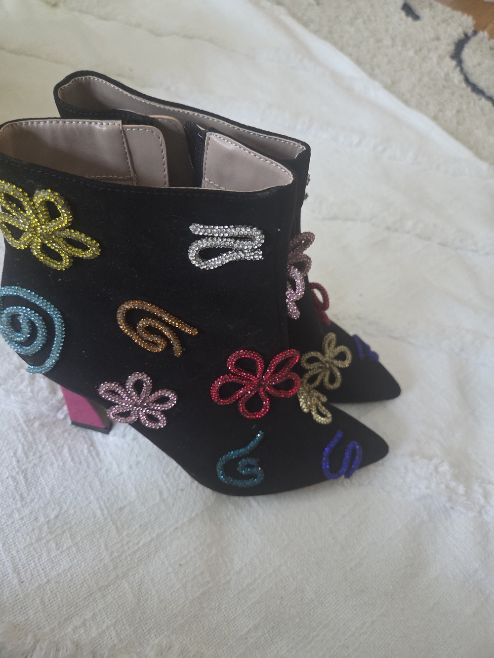 Black Suede Embellished Floral Ankle Boots - Multicolor